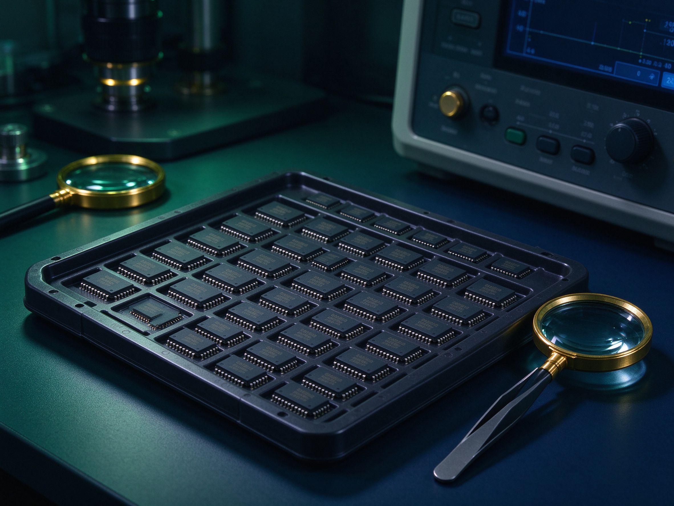 Integrated circuits arranged in anti-static trays at a ZenSource inspection lab