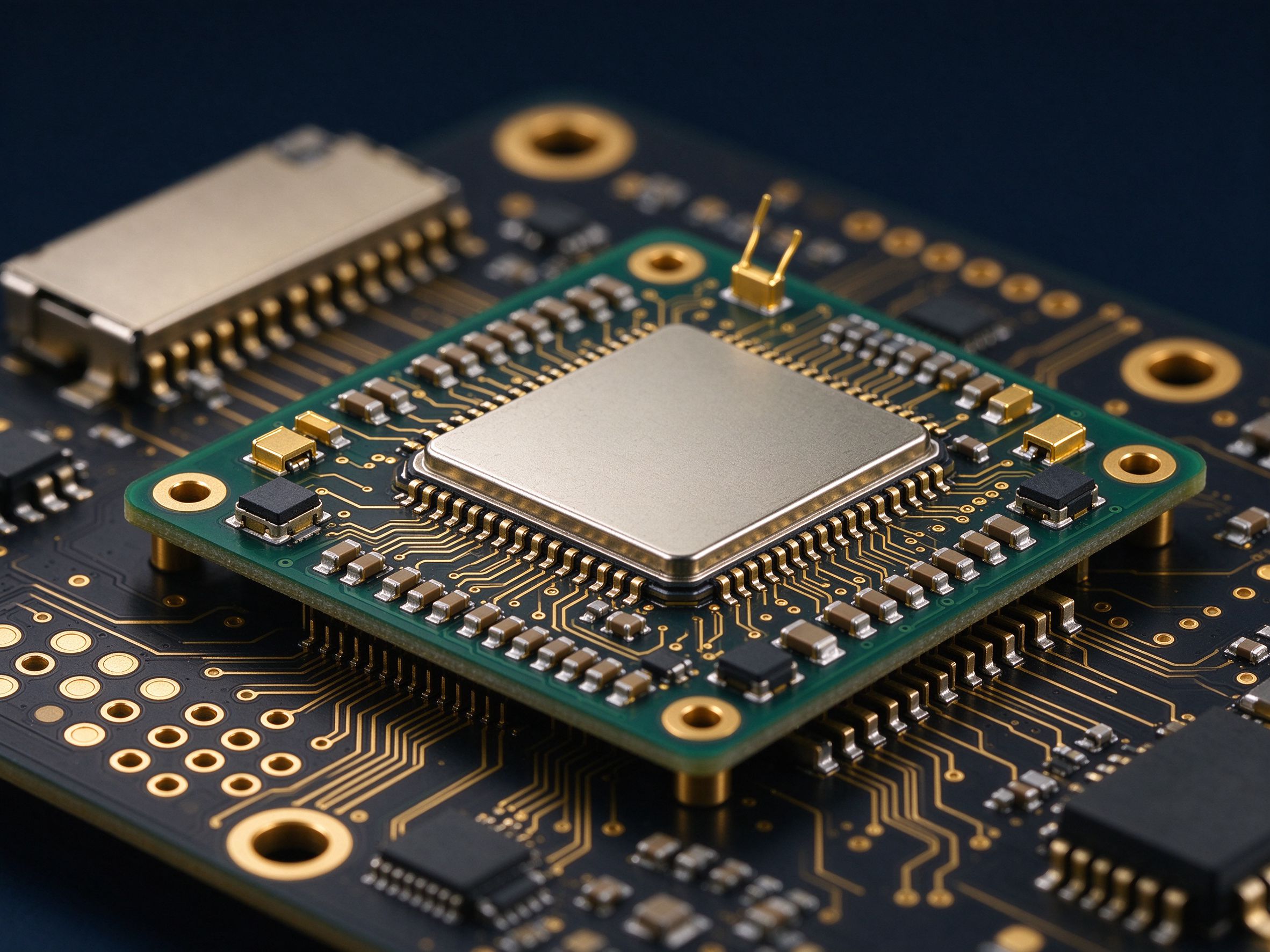 Embedded IoT and RF modules on a dark circuit board