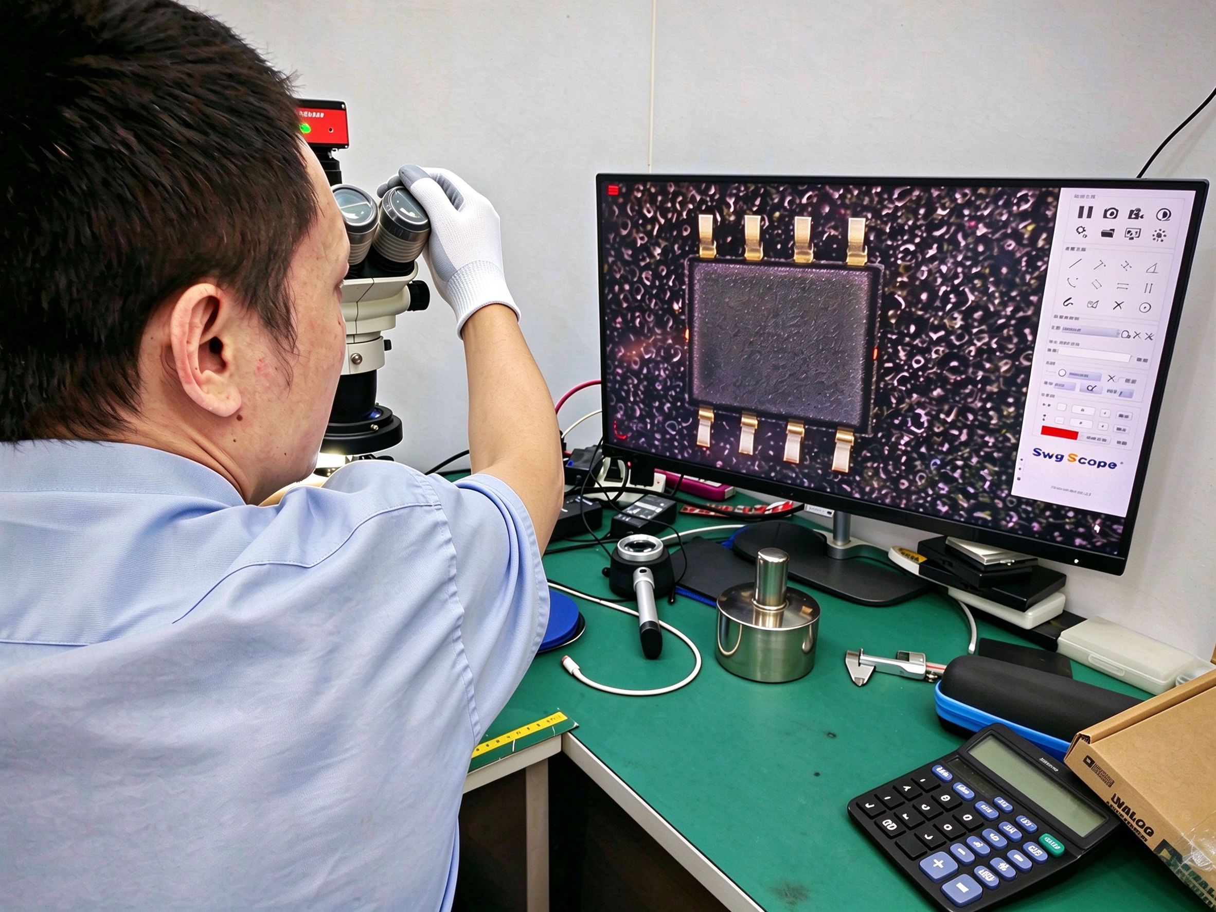 A ZenSource QC engineer inspecting a component under a microscope while wearing ESD gloves