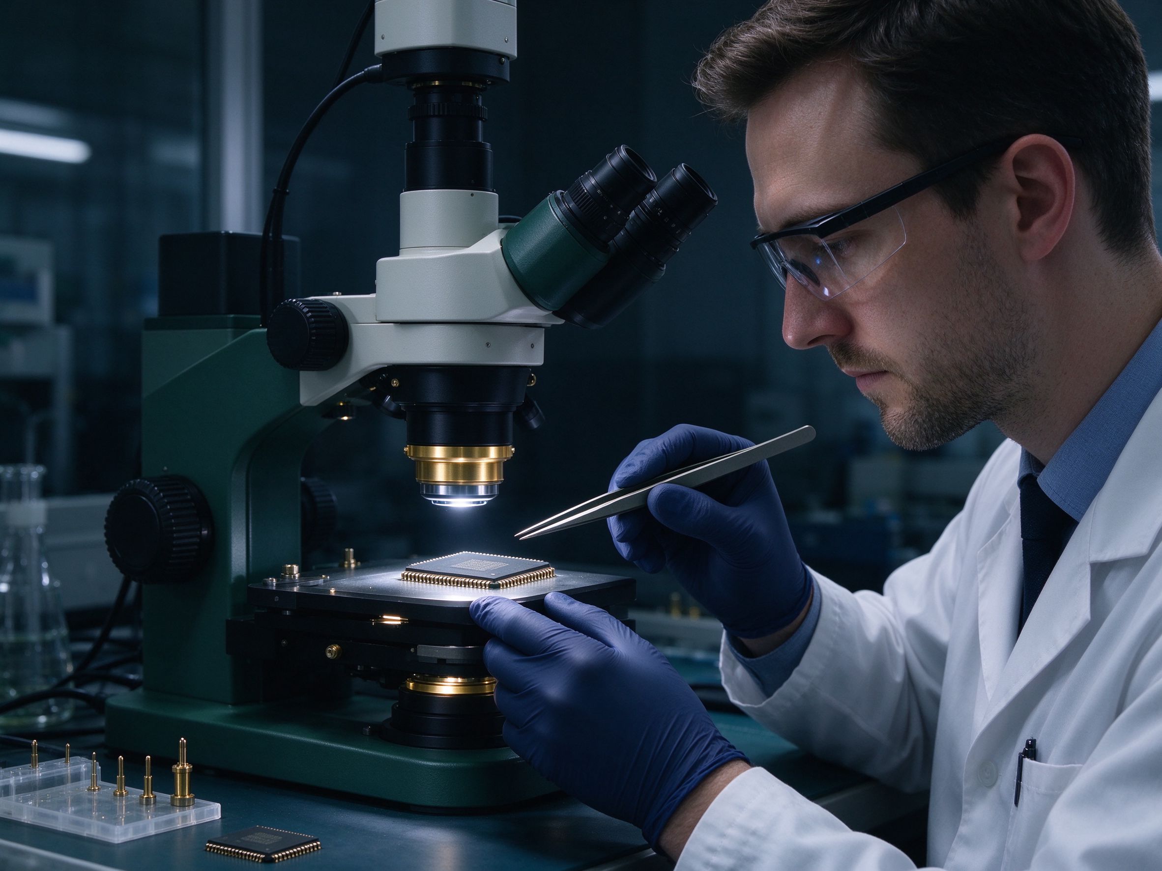 A technician inspecting a component under a microscope in the ZenSource quality lab