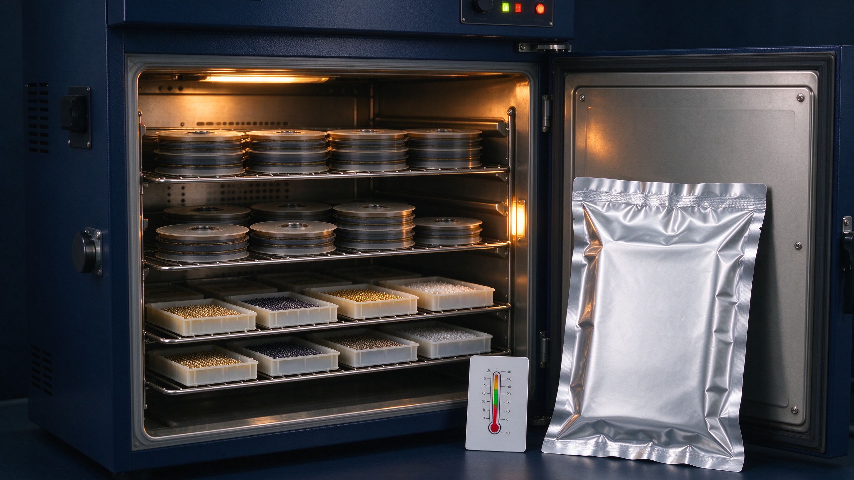 Component reels inside a baking oven beside a vacuum moisture barrier bag