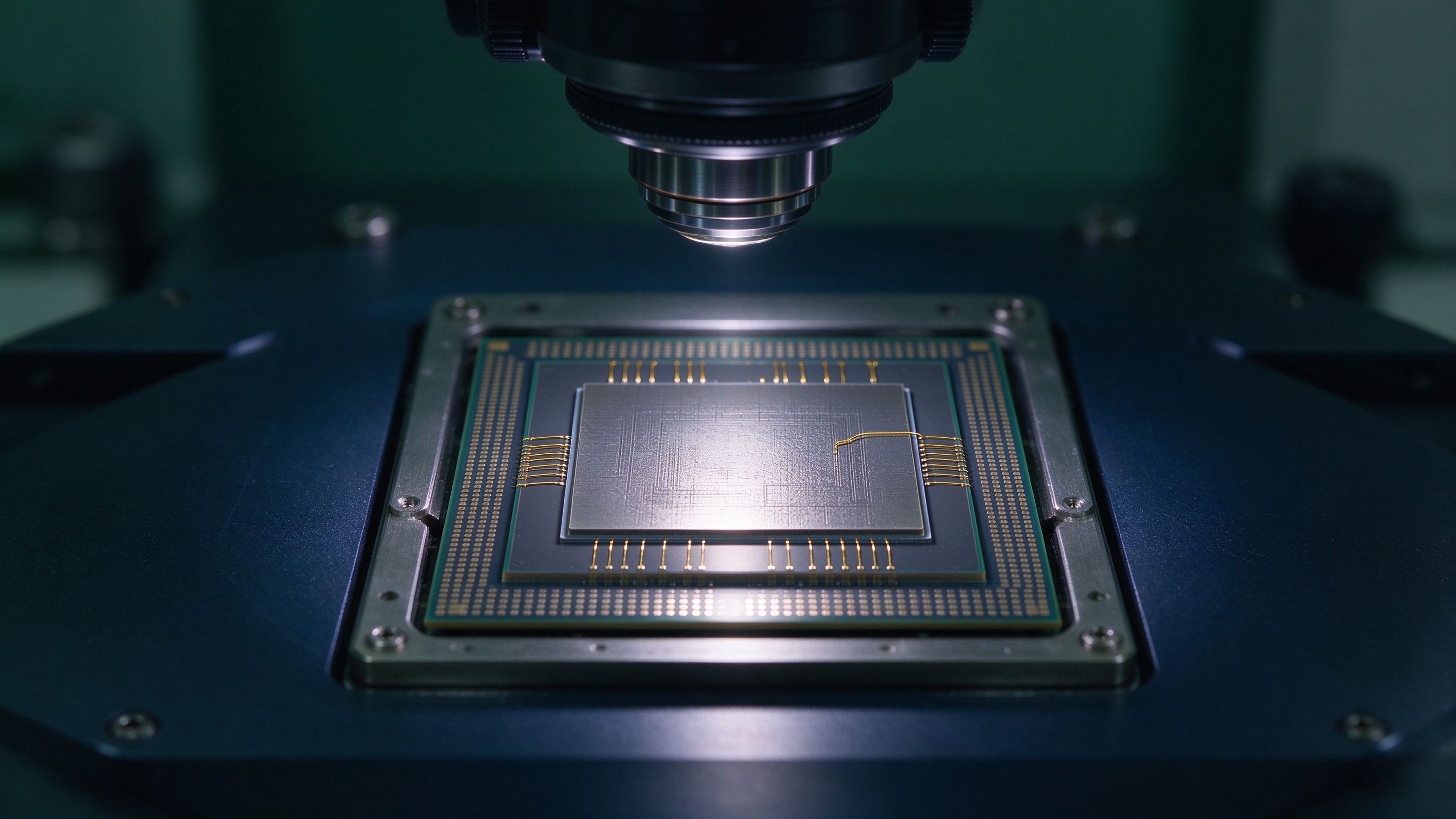An exposed silicon die with gold bond wires under a microscope