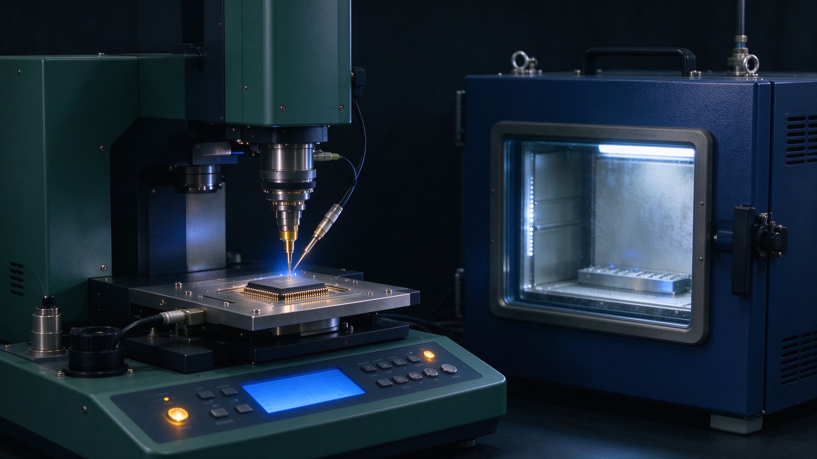 An IC tester and thermal chamber with probes contacting a chip