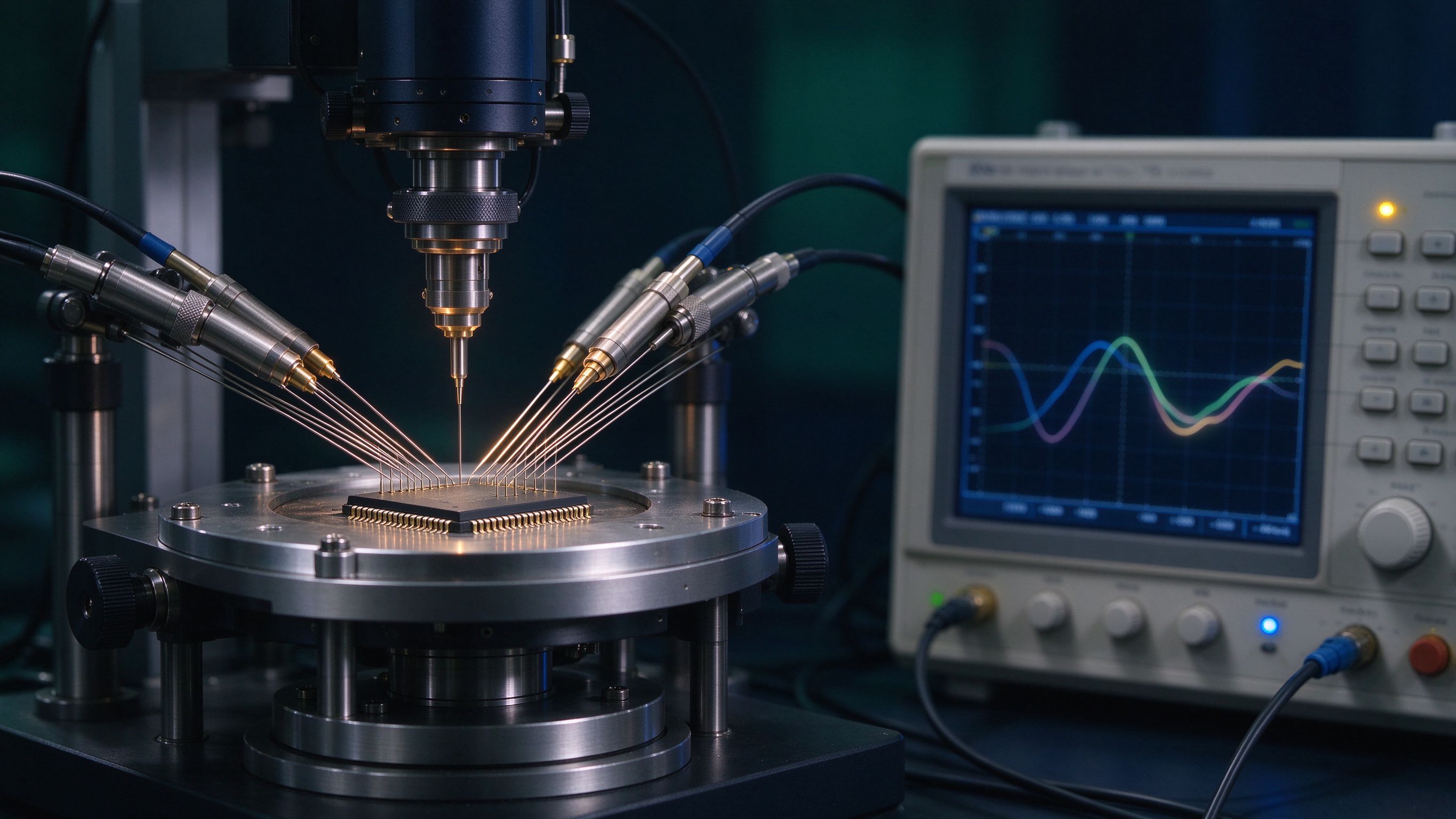A probe station with needles contacting chip pins for pin correlation testing