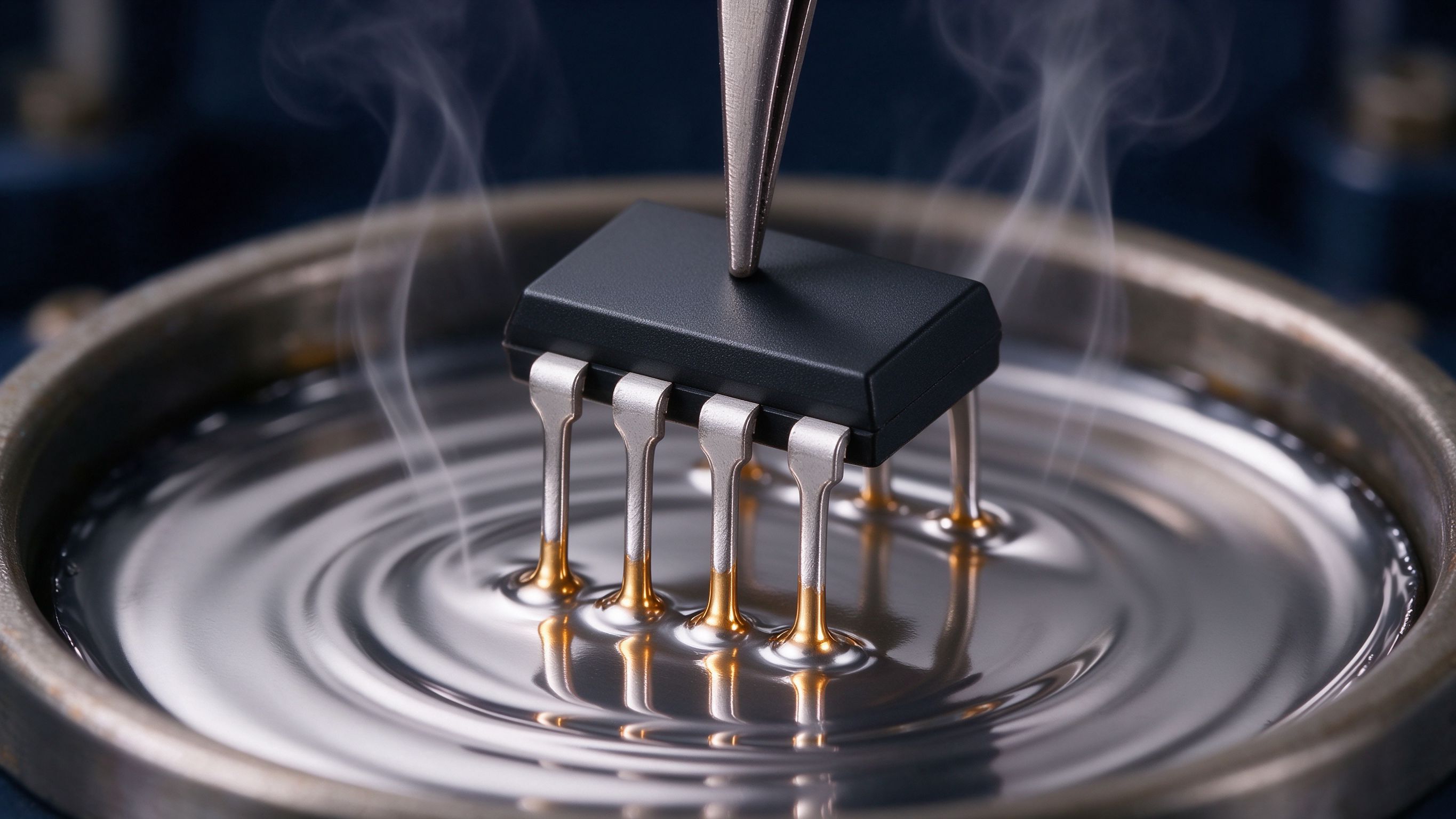 Component leads being dipped into molten solder for a solderability test