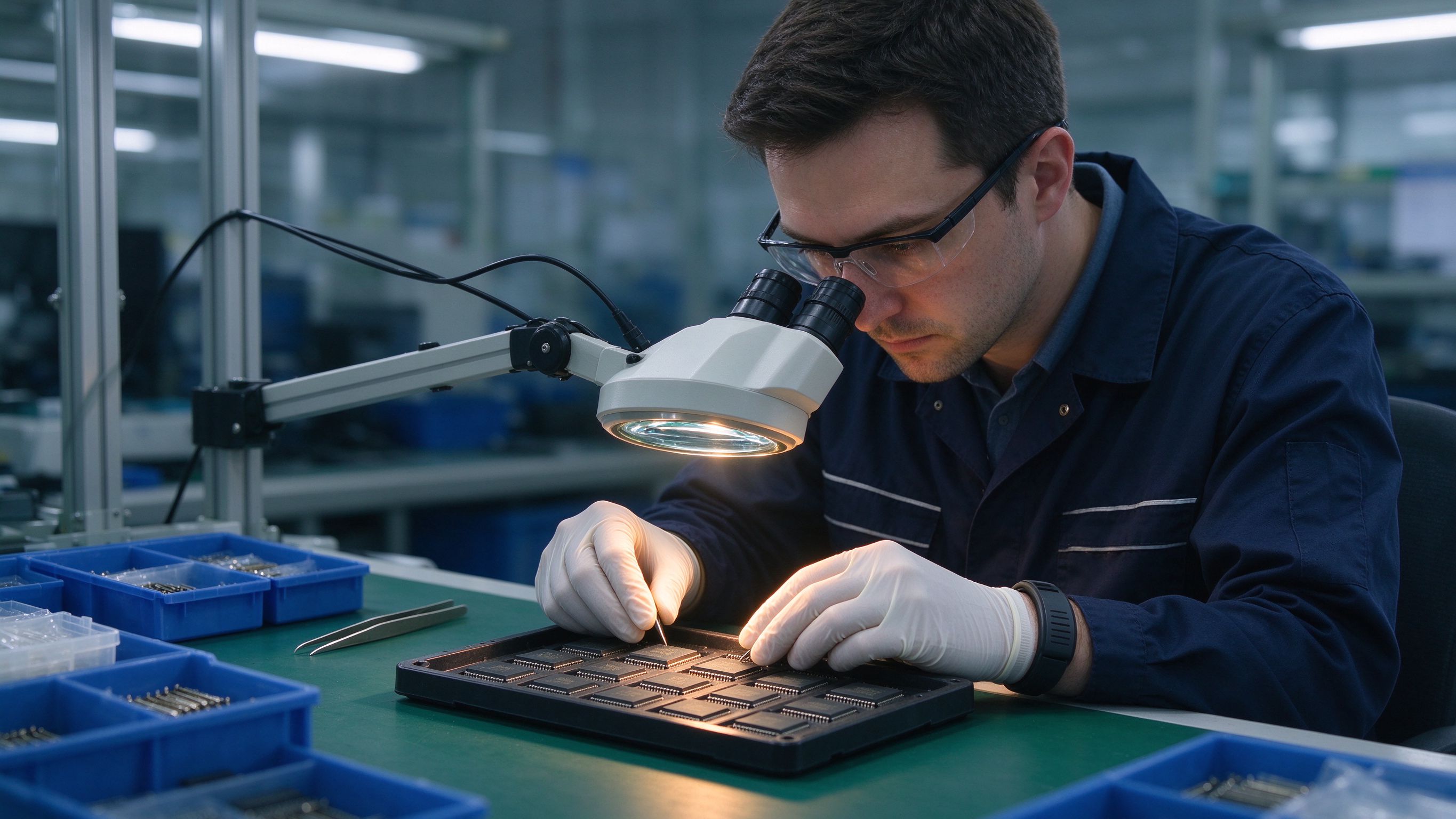 A technician inspecting integrated circuits under a magnifier at an anti-static workstation